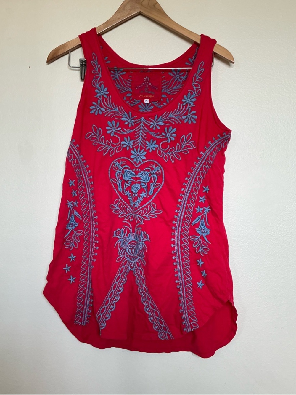 Johnny Was Red Tank Top with Blue Floral Embroidery
